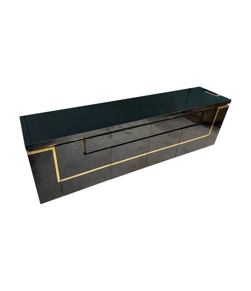 A 1970s vintage black piano lacquer sideboard by Jean Claude Mahey for Roche Bobois with brass detail