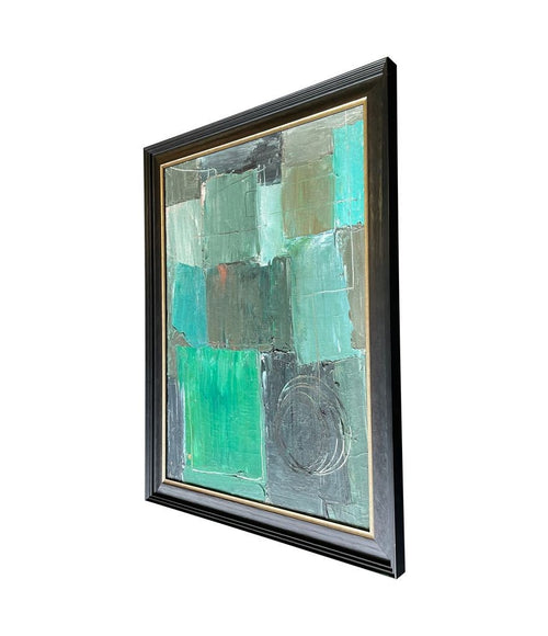 An Italian 1950s abstract oil painting framed in black and gold wooden frame.