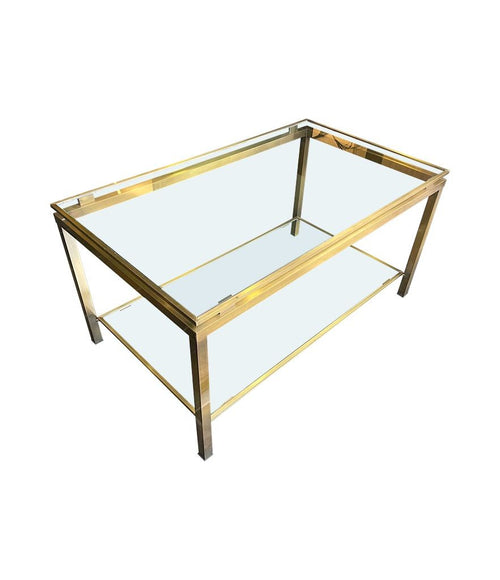 A French 1970s gilt metal two tiered coffee table in the style of Guy Lefevre