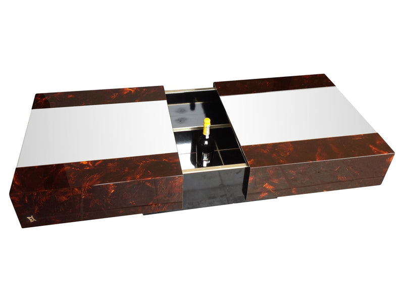 Mid Century Coffee Table by Eric Maville and Jean Claude Mahey sliding coffee table with mirrored top and faux tortoiseshell