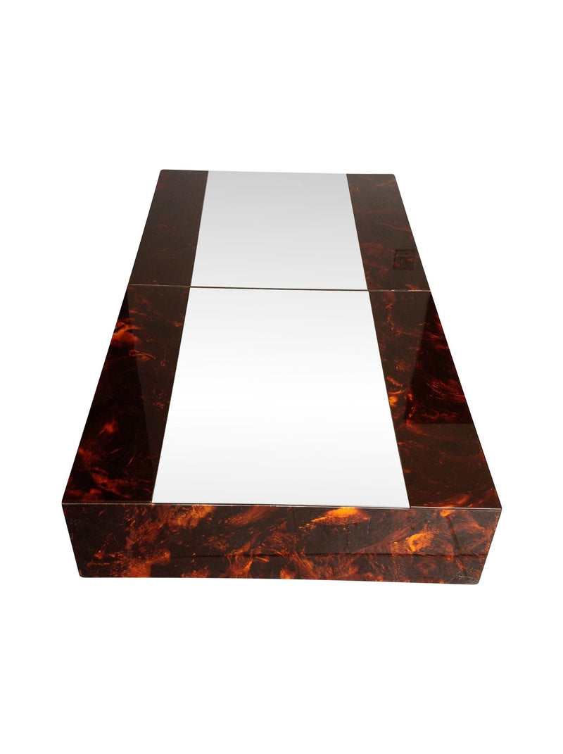Mid Century Coffee Table by Eric Maville and Jean Claude Mahey sliding coffee table with mirrored top and faux tortoiseshell