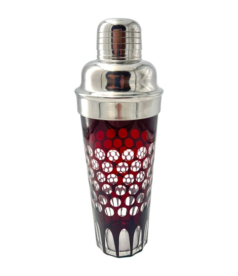 A 1950s French silver plated and ruby cut glass cocktail shaker