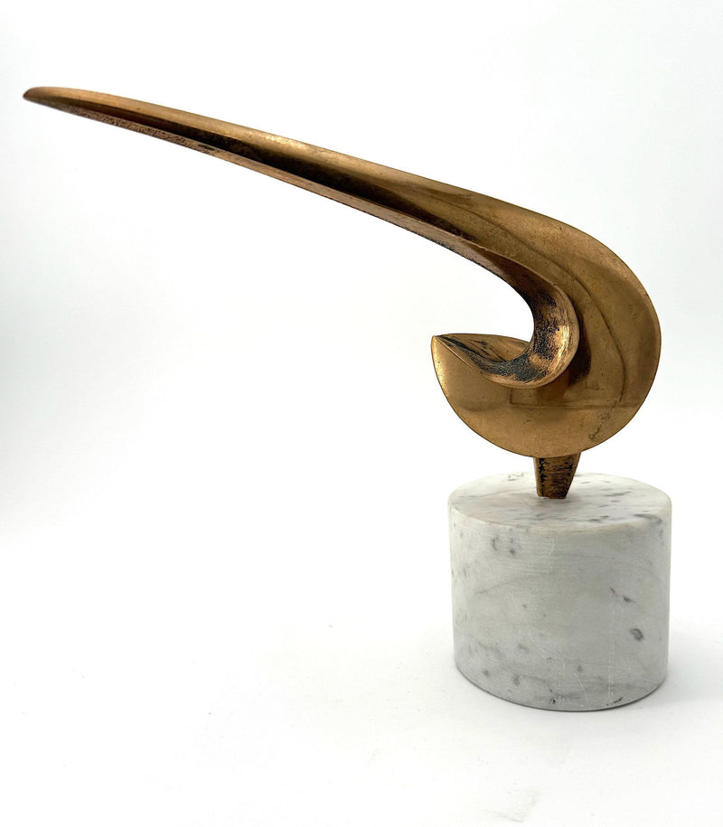 An Italian midcentury abstract 1960s bronze sculpture mounted on a circular Carrara marble base.