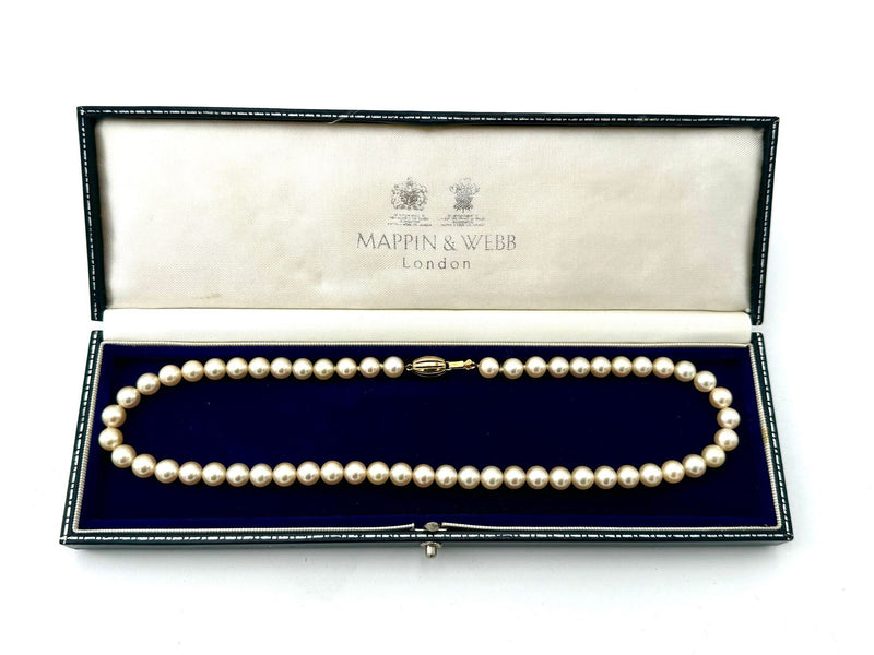 A lovely late 1980s Mappin and Webb Akoya pearl necklace with 18carat gold clasp in orignal box