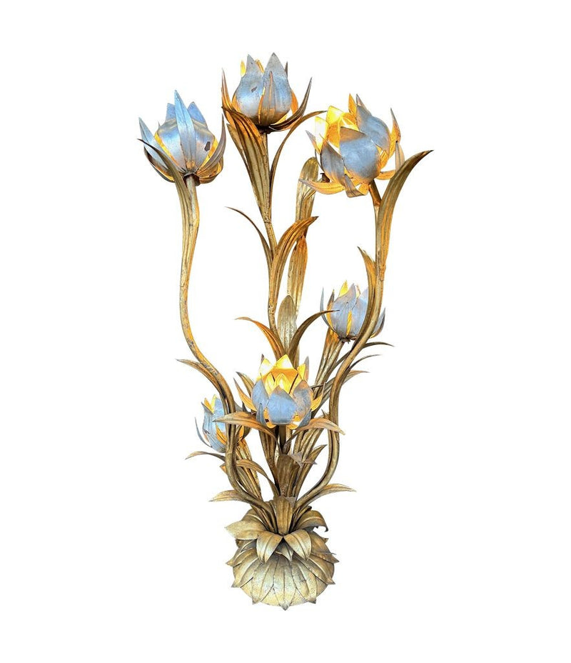 A wonderful 1960s Italian gilt metal flower lamp with seven lights in the flowers