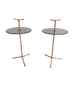 A pair of 1960s Maison Baques brass faux bamboo martini tables with smoked glass top