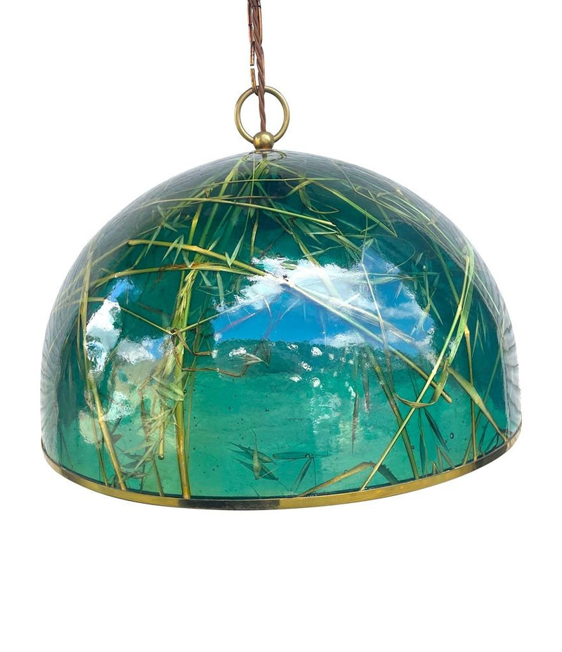 An unusual 1970s green acrylic and brass pendant light by Giovanni Banci for Banci Firenze