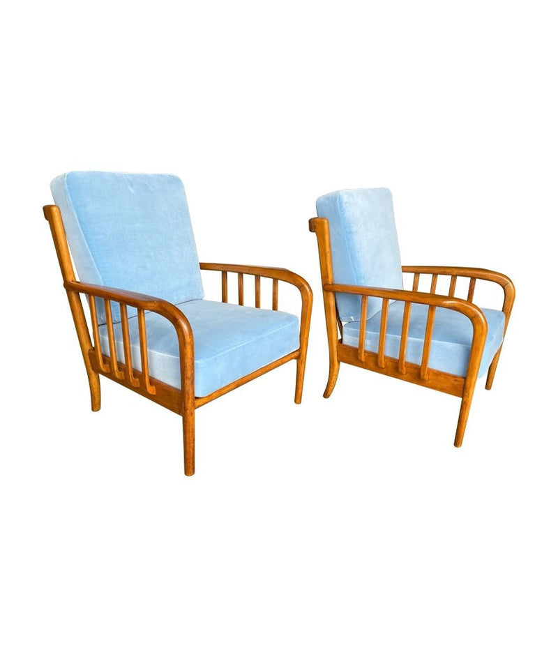 A pair of 1950s Italian armchairs attributed to Paolo Buffa, newly upholstered in Designers Guild velvet