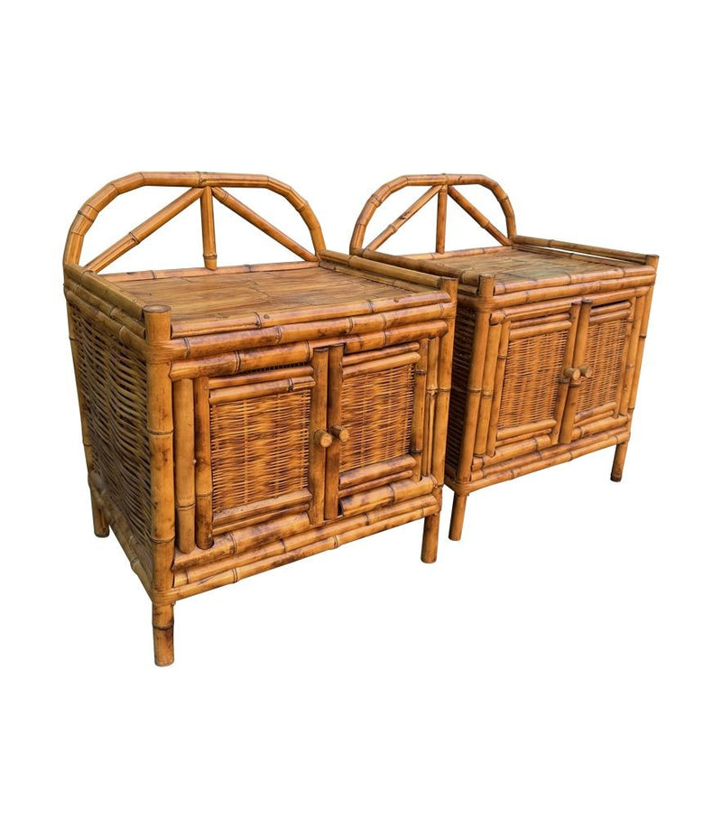 A pair of Italian 1970s Vivai Del Sud style tortoiseshell bamboo bedside tables with two doors
