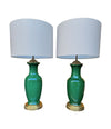 A lovely large pair of 1950s Italian crackle glaze green vase lamps with solid brass bases