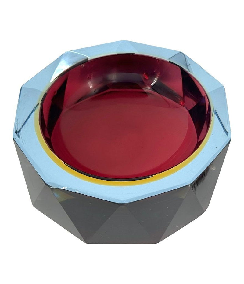 A large heavy 1960s faceted Sommerso Murano glass bowl by Seguso in blue, purple and yellow