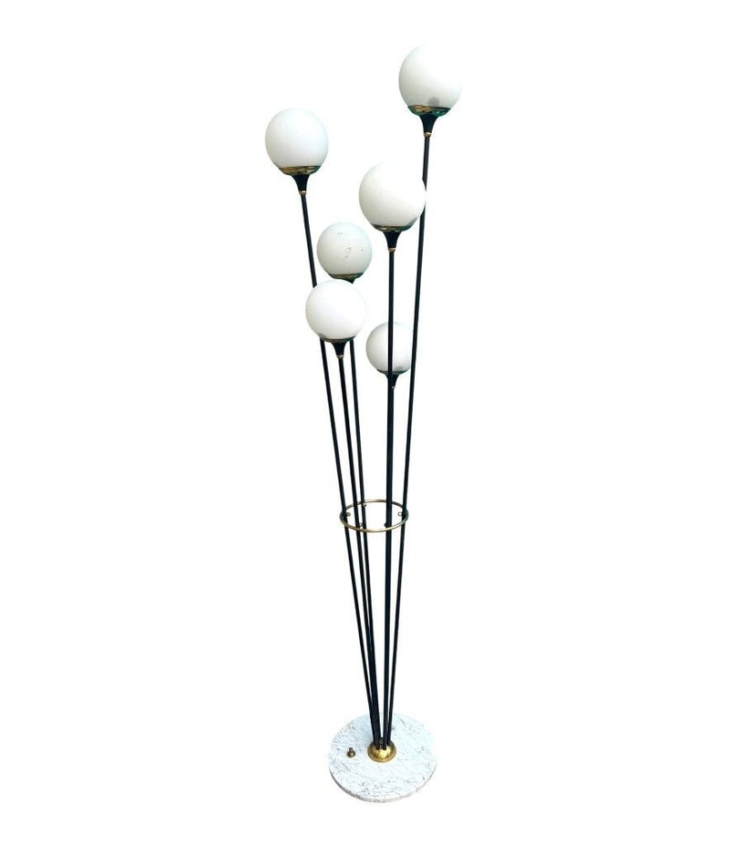 An orignal 1950s Stilnovo "Arberello" black lacquer and brass six light floor lamp