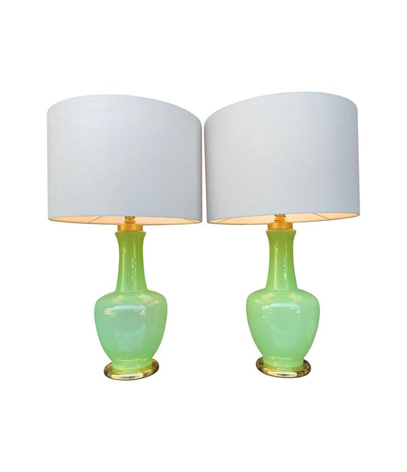 A pair of 1960s lime green opaline Murano glass lamps by Gino Cenedese with brass fittings