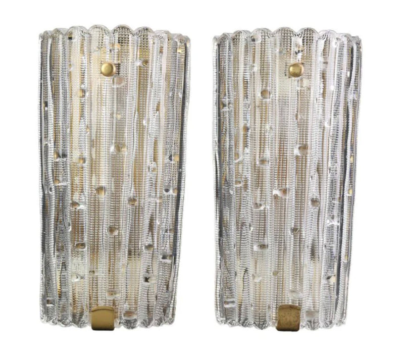 A large pair of Swedish 1960s Orrefors glass and brass wall sconces by Carl Fagerlund