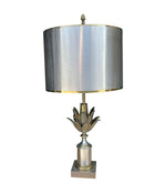 An orignal 1960s Maison Charles "Lotus" lamp in nickel, bronze and brass finish with orignal spun metal shade