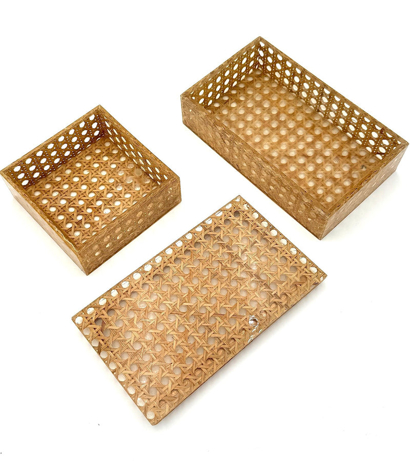 A Gabriella Crespi style Italian 1970s lucite and woven rattan two box set