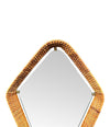 An unusual Italian 1950s diamond shaped woven rattan and brass framed mirror with leather hanging strap