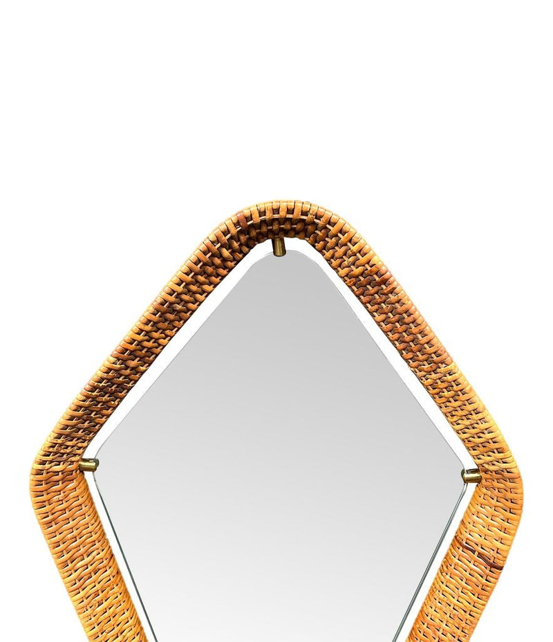 An unusual Italian 1950s diamond shaped woven rattan and brass framed mirror with leather hanging strap