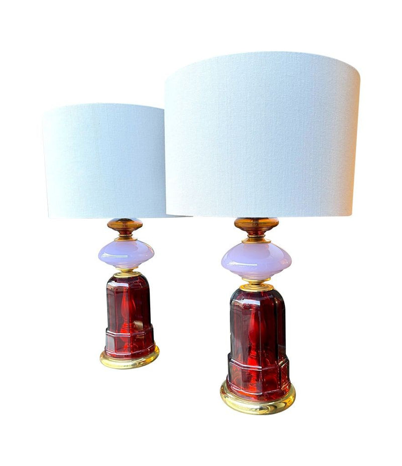 A pair of 1960s Murano opaline glass and brass lamps by Cenedese