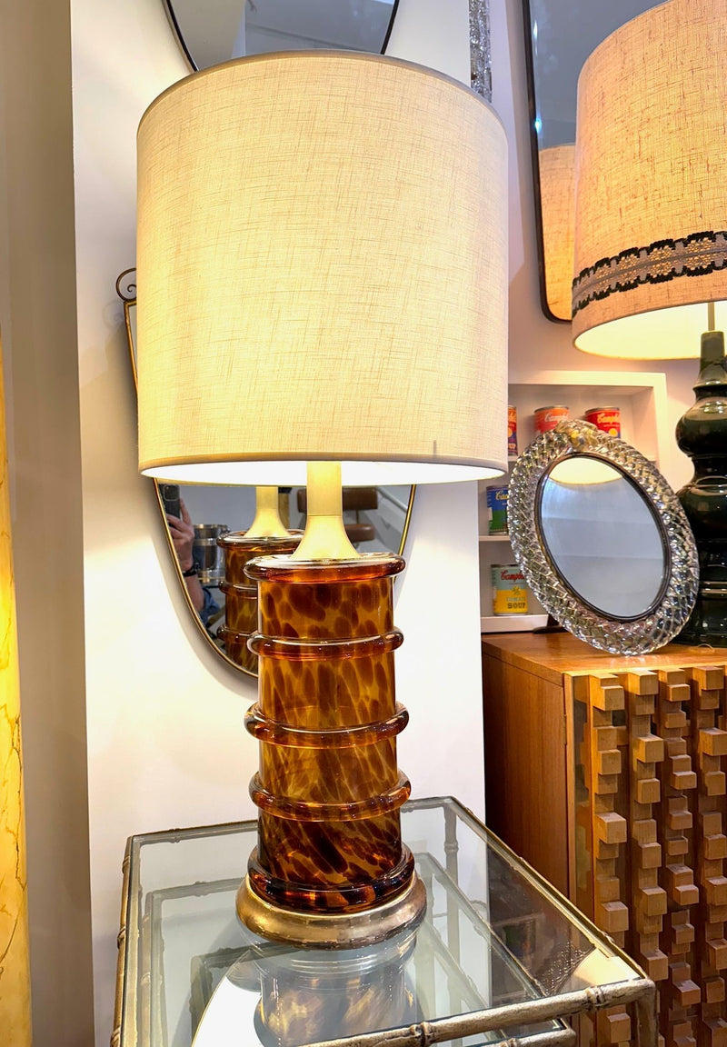 A wonderful large Italian 1970s faux tortoiseshell Murano glass and brass lamp