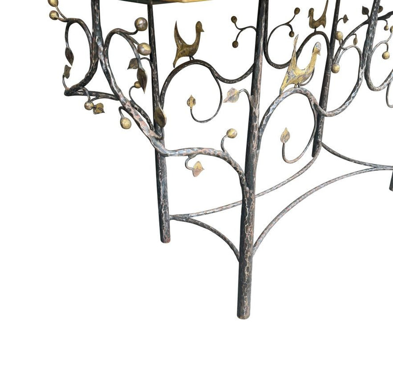A 1970s unique handmade wrought iron console table with glass or solid marble top