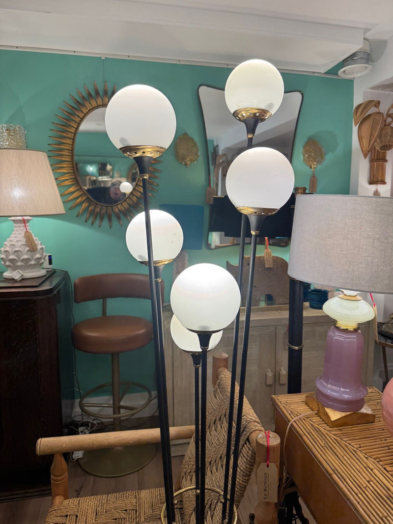 An orignal 1950s Stilnovo "Arberello" black lacquer and brass six light floor lamp