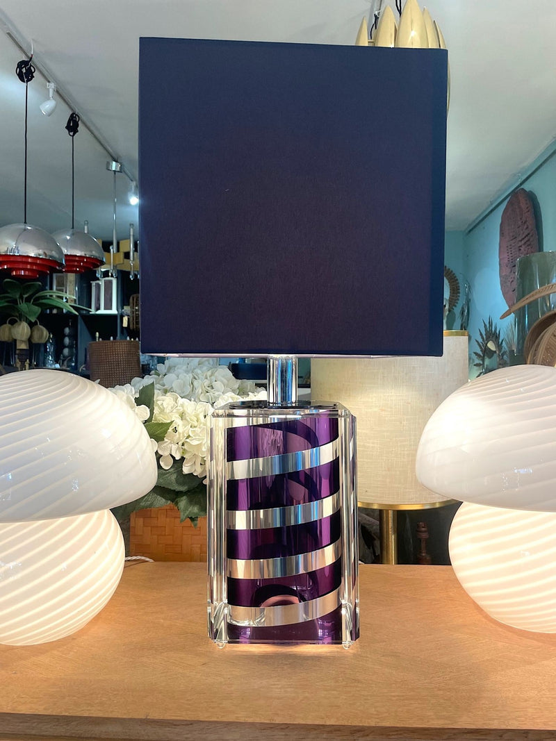 A large Mid Century Table lamp made of lucite and chrome with purple and chrome stripes and a black shade - Mid Century Lighting