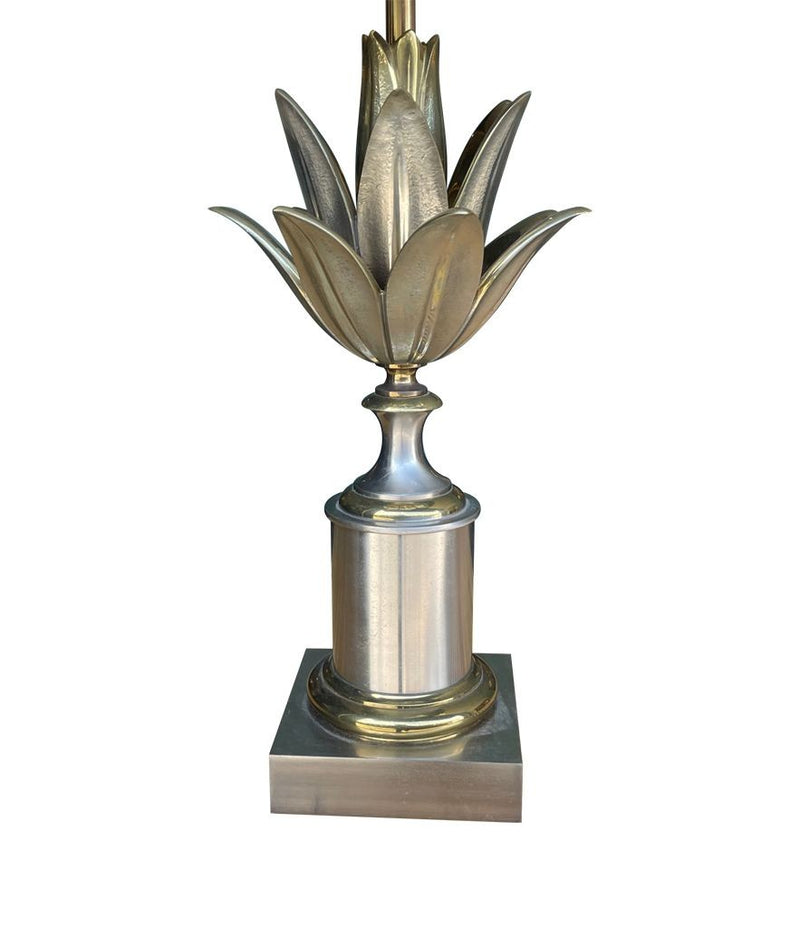 An orignal 1960s Maison Charles "Lotus" lamp in nickel, bronze and brass finish with orignal spun metal shade