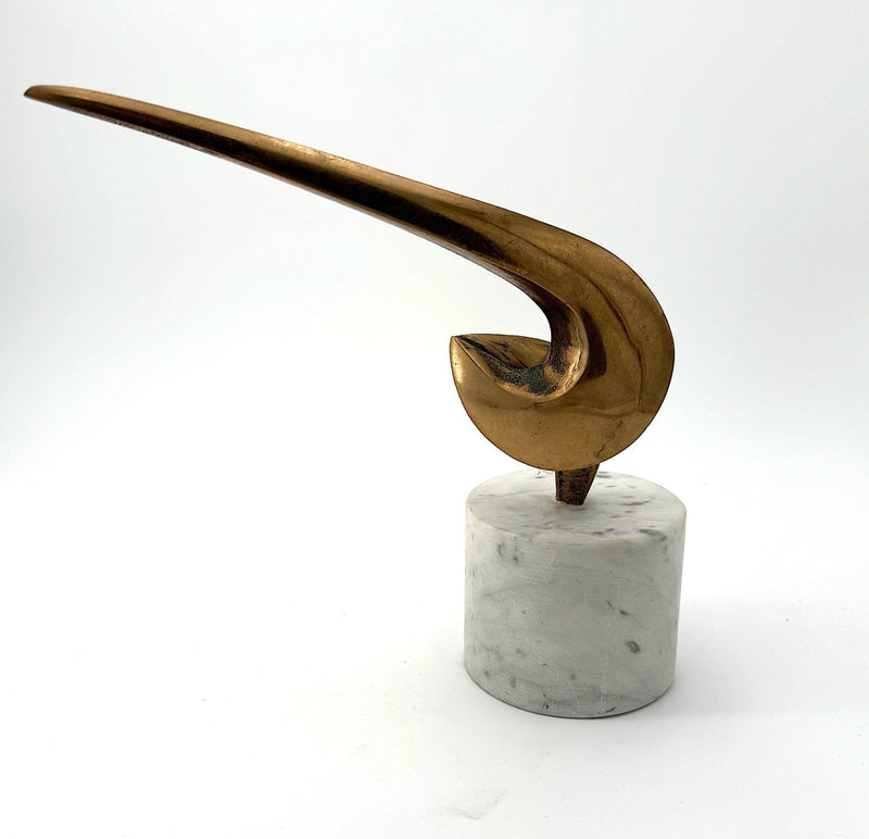 An Italian midcentury abstract 1960s bronze sculpture mounted on a circular Carrara marble base.