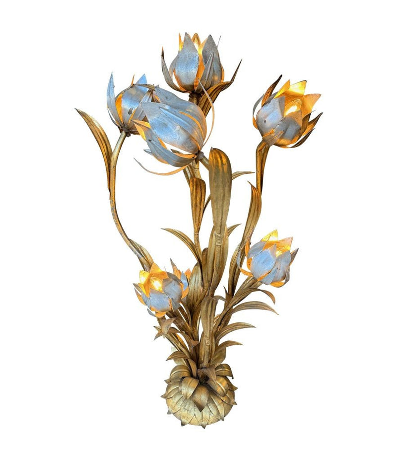 A wonderful 1960s Italian gilt metal flower lamp with seven lights in the flowers