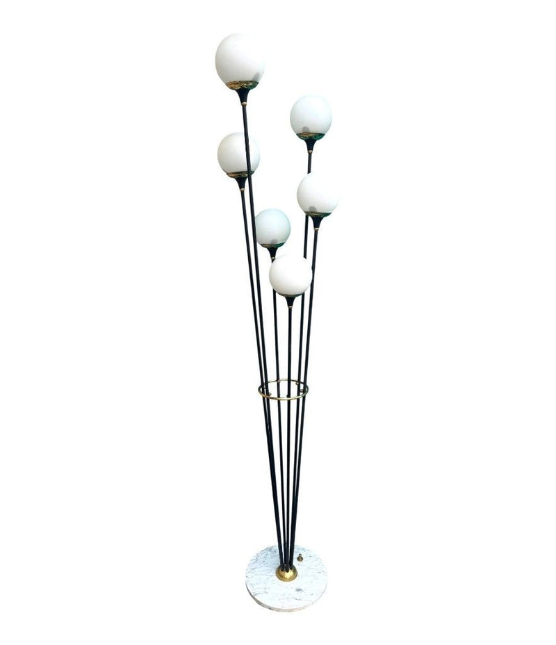 An orignal 1950s Stilnovo "Arberello" black lacquer and brass six light floor lamp