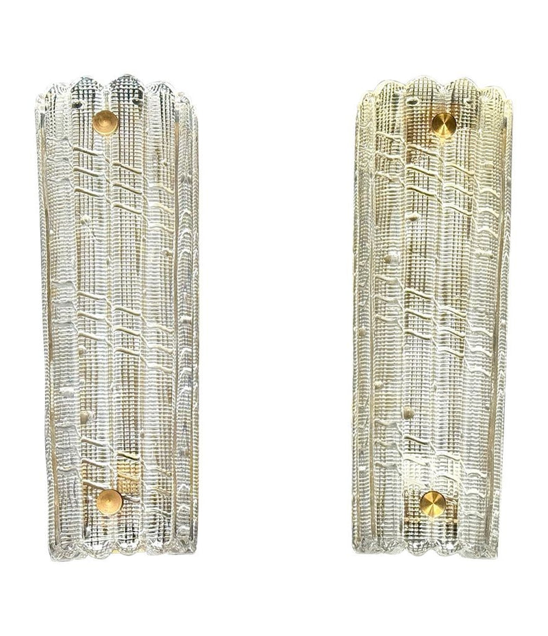 A large quality pair of 1950s Orrefors glass and brass wall sconces by Carl Fagerlund