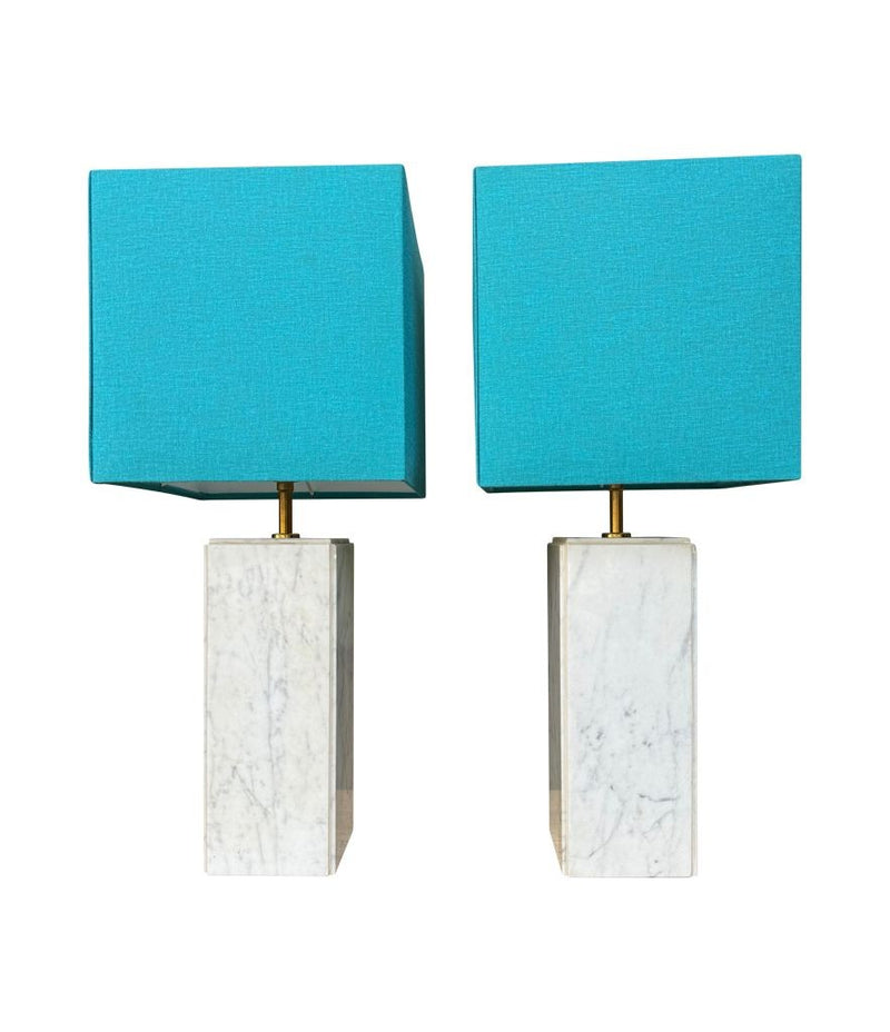 A pair of 1970s Belgian Carrera marble lamps by Porcelaine de Bruxelles