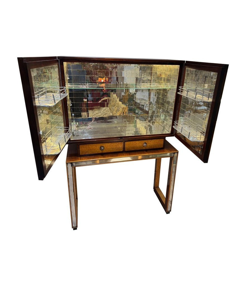 An Italian 1940s mirrored birdseye maple wood and mahogany bar cabinet by Osvaldo Borsani