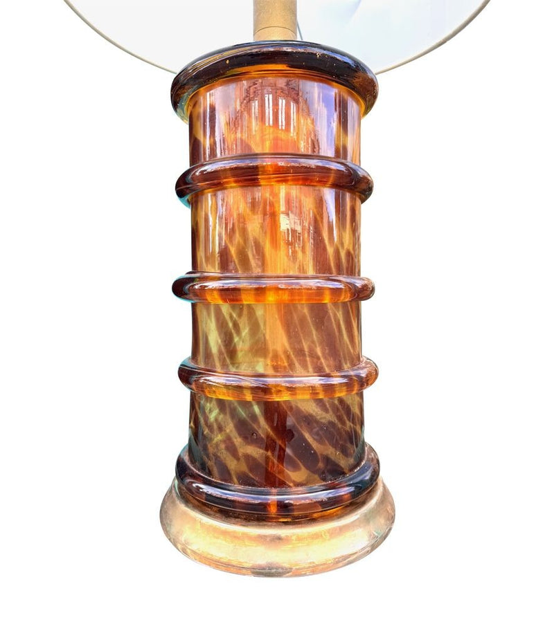 A wonderful large Italian 1970s faux tortoiseshell Murano glass and brass lamp
