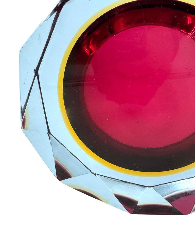 A large heavy 1960s faceted Sommerso Murano glass bowl by Seguso in blue, purple and yellow