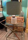 A large Fratelli Manneli ribbed Italian 1970s travertine lamp with brass detail