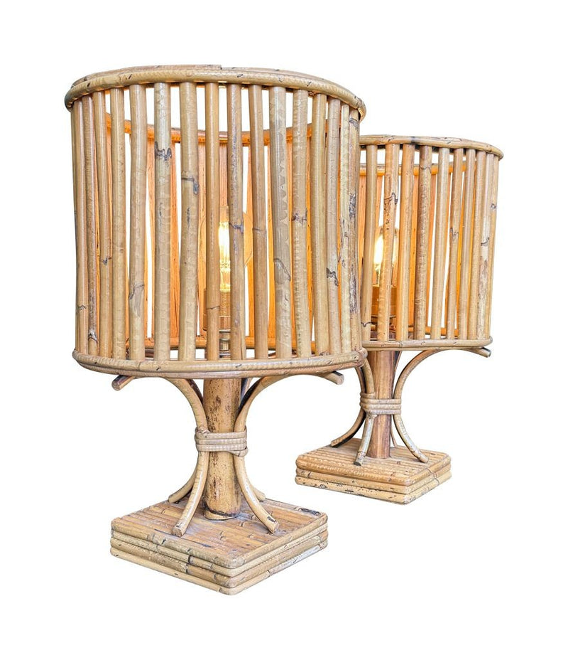 A pair of French 1960s bamboo lamps by Louis Sognot with orignal bamboo shades