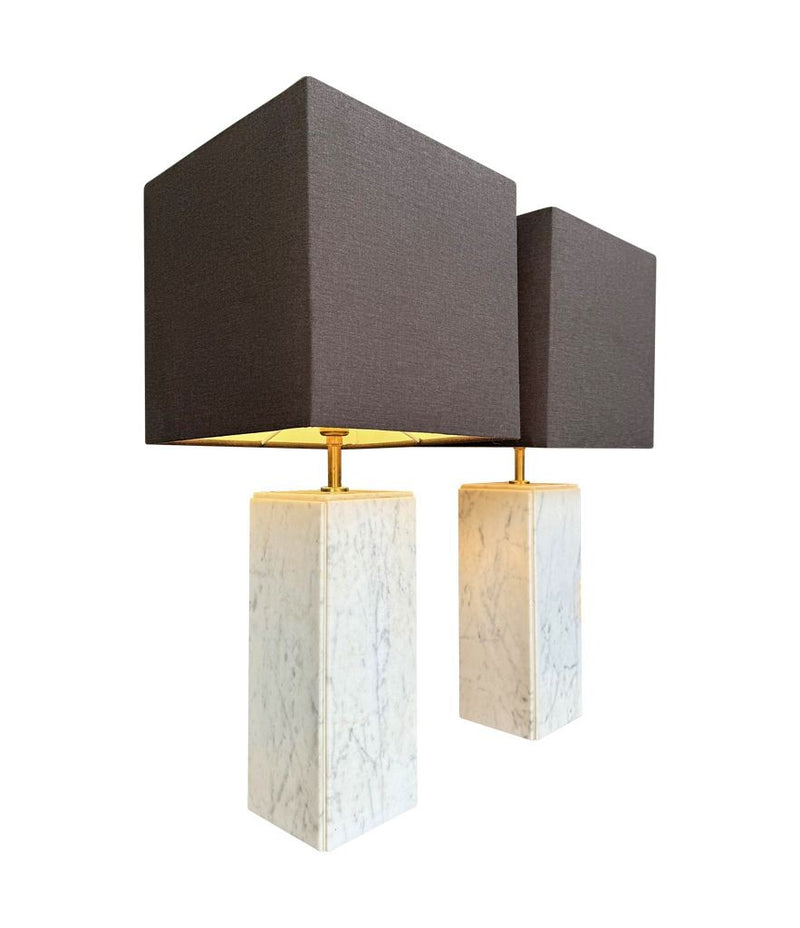 A pair of 1970s Belgian Carrera marble lamps by Porcelaine de Bruxelles