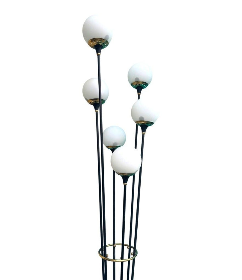 An orignal 1950s Stilnovo "Arberello" black lacquer and brass six light floor lamp