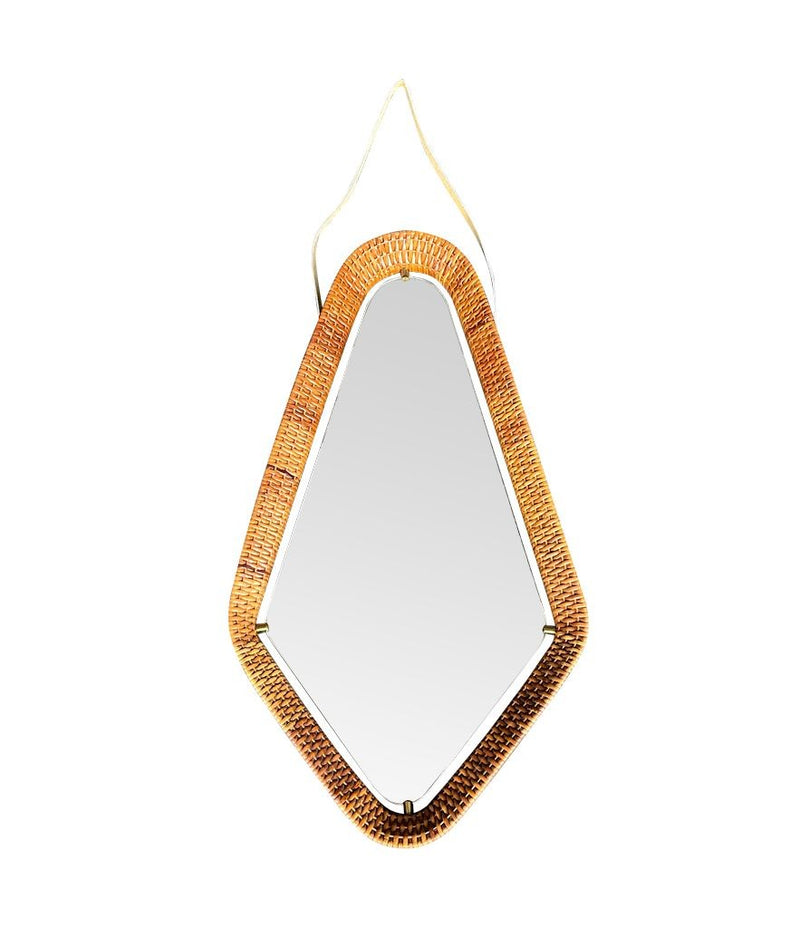 An unusual Italian 1950s diamond shaped woven rattan and brass framed mirror with leather hanging strap