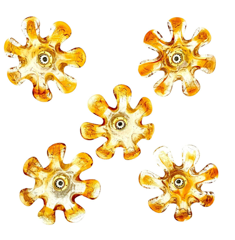 Five Italian 1970s Murano glass flower wall scones by Mazzega