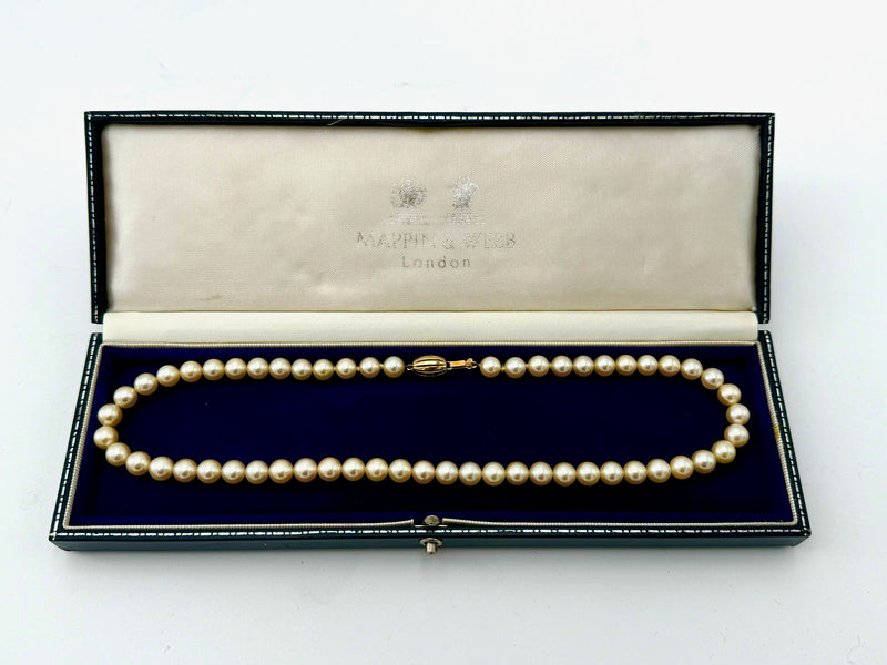 A lovely late 1980s Mappin and Webb Akoya pearl necklace with 18carat gold clasp in orignal box