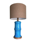 Mid Century table lamp 1970s large Italian faux bamboo ceramic blue lamp with brass fittings - Mid Century Lighting 