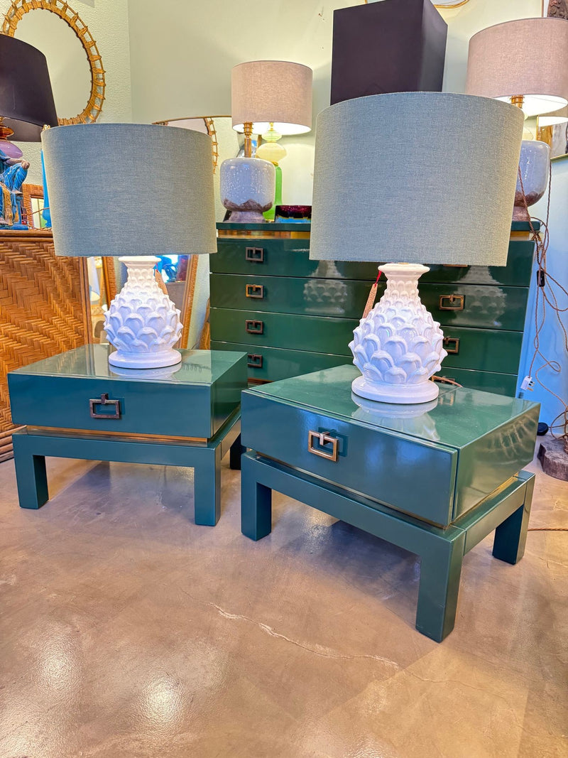 A rare pair of 1970s green lacquered side tables by Guy lefevre for Maison Jansen