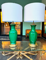 A lovely large pair of 1950s Italian crackle glaze green vase lamps with solid brass bases