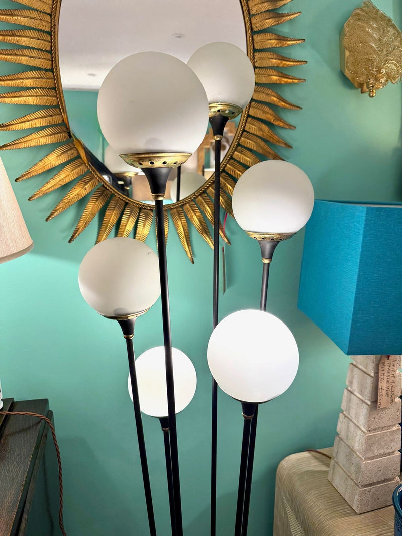 An orignal 1950s Stilnovo "Arberello" black lacquer and brass six light floor lamp