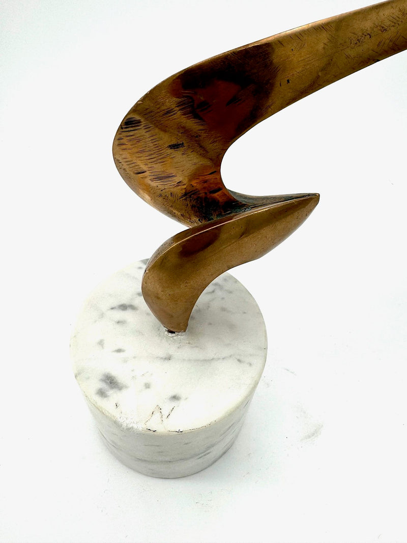 An Italian midcentury abstract 1960s bronze sculpture mounted on a circular Carrara marble base.