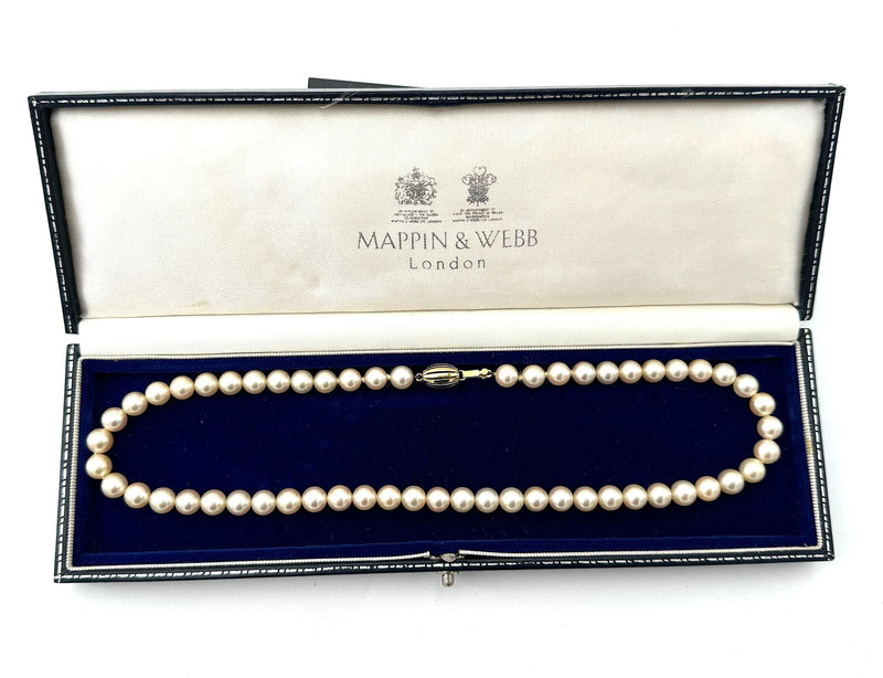 A lovely late 1980s Mappin and Webb Akoya pearl necklace with 18carat gold clasp in orignal box