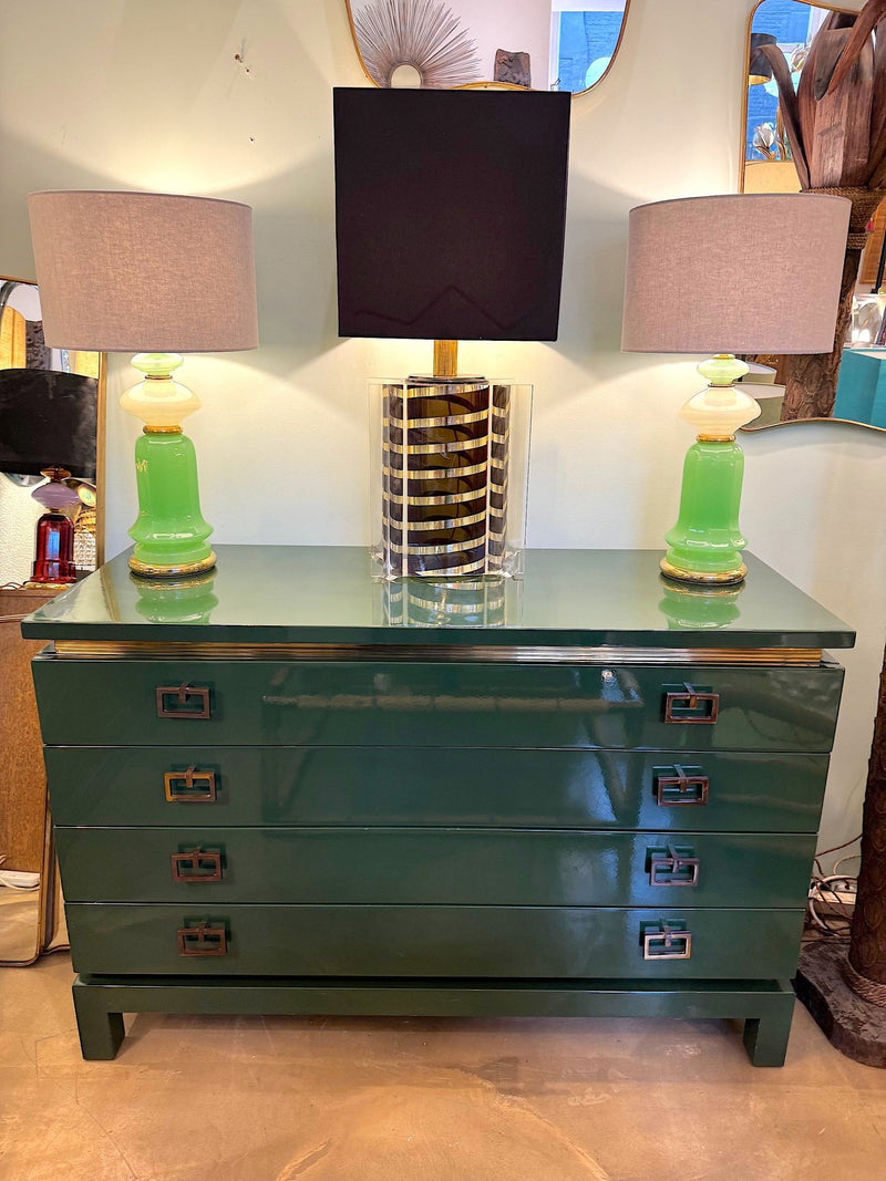 A large Italian 1970s Romeo Rega lucite and brass lamp with chocolate and brass stripes